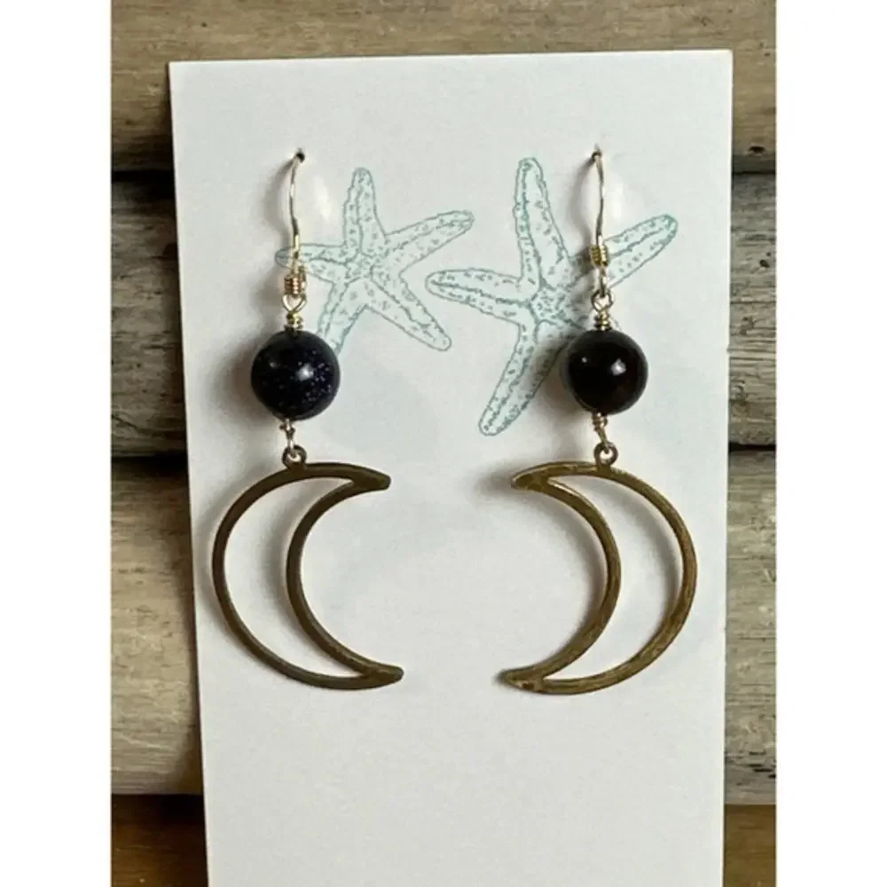 Handmade Crescent Moon Earrings, Gemstone‎ Earrings, Brass Earrings,